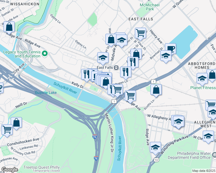 map of restaurants, bars, coffee shops, grocery stores, and more near in Philadelphia