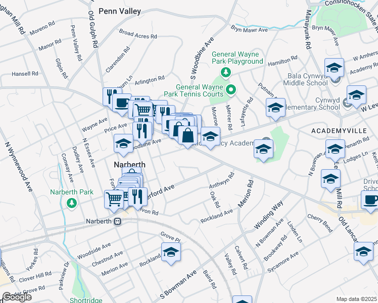 map of restaurants, bars, coffee shops, grocery stores, and more near 650 Montgomery Avenue in Narberth