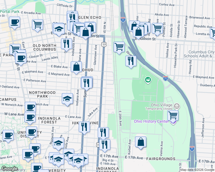 map of restaurants, bars, coffee shops, grocery stores, and more near 490 East Oakland Avenue in Columbus