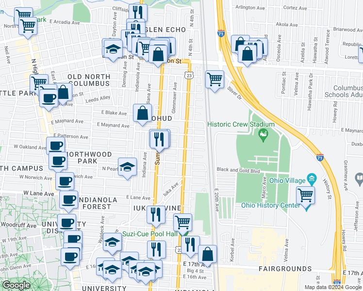 map of restaurants, bars, coffee shops, grocery stores, and more near 2250 North 4th Street in Columbus