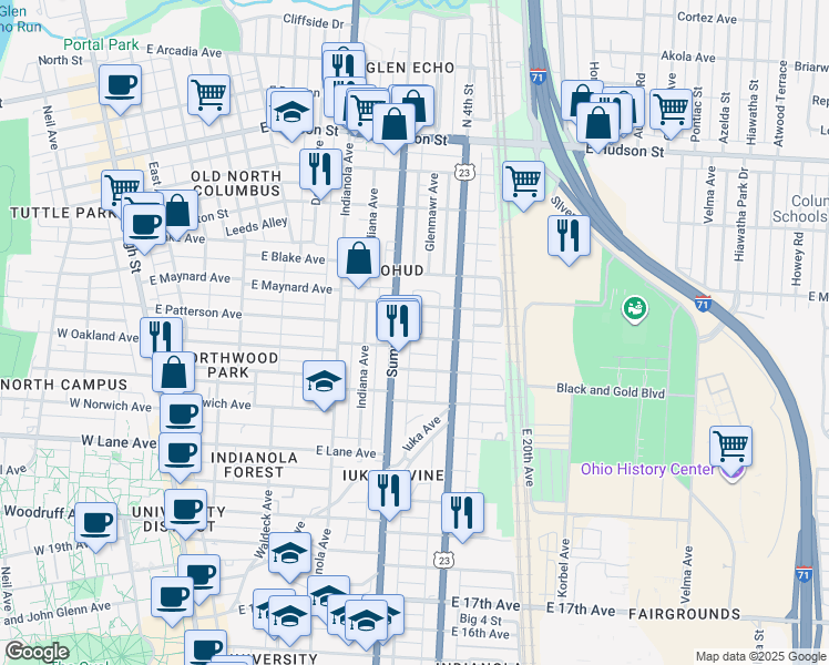 map of restaurants, bars, coffee shops, grocery stores, and more near 382 East Oakland Avenue in Columbus