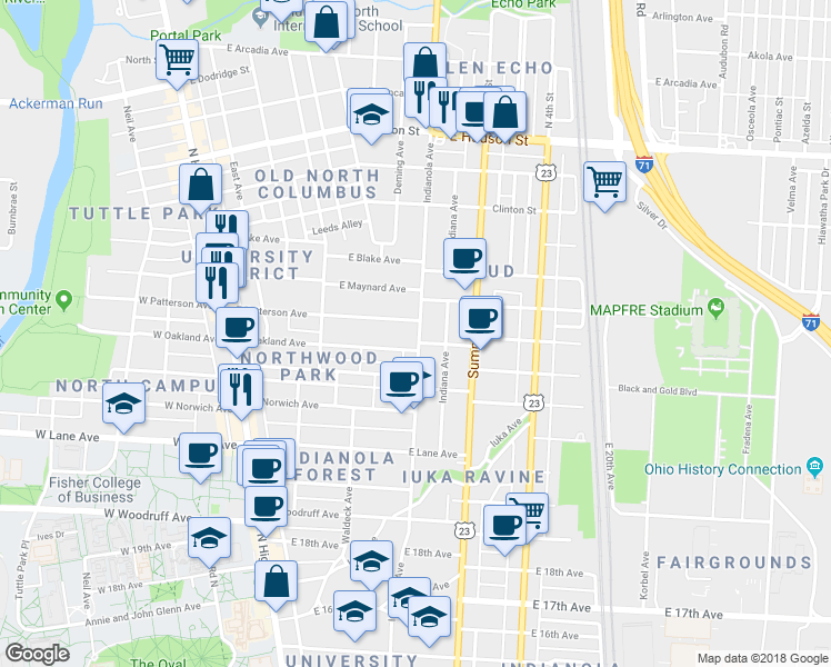 map of restaurants, bars, coffee shops, grocery stores, and more near in Columbus