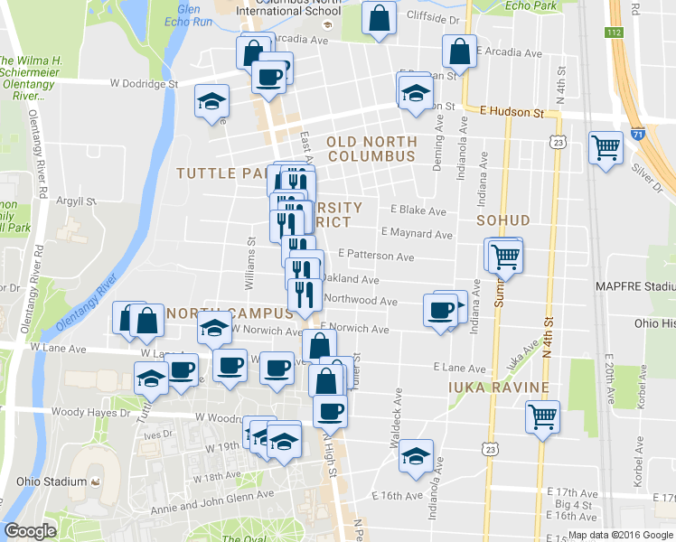 map of restaurants, bars, coffee shops, grocery stores, and more near 2307 East Avenue in Columbus