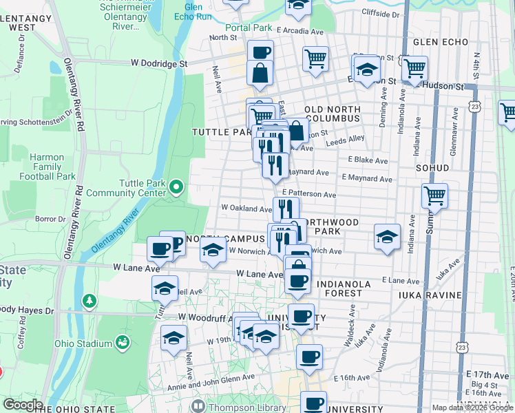 map of restaurants, bars, coffee shops, grocery stores, and more near 58 West Oakland Avenue in Columbus