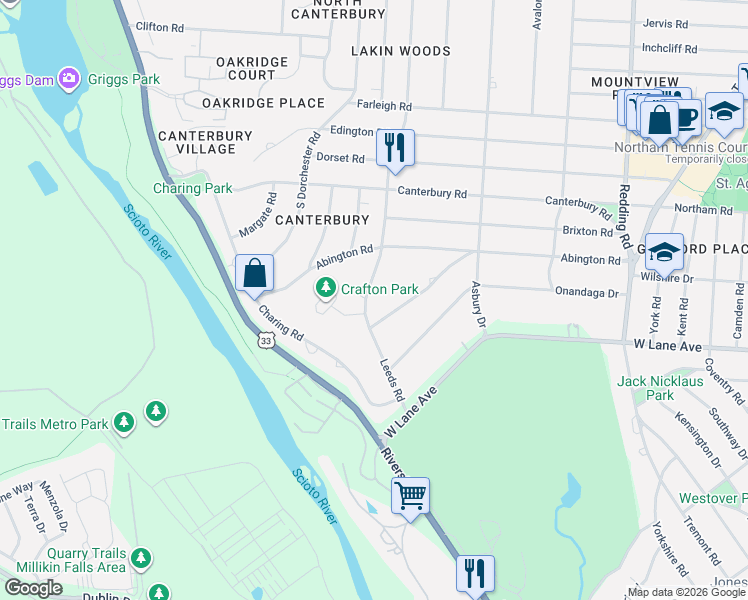 map of restaurants, bars, coffee shops, grocery stores, and more near 2720 Leeds Road in Columbus