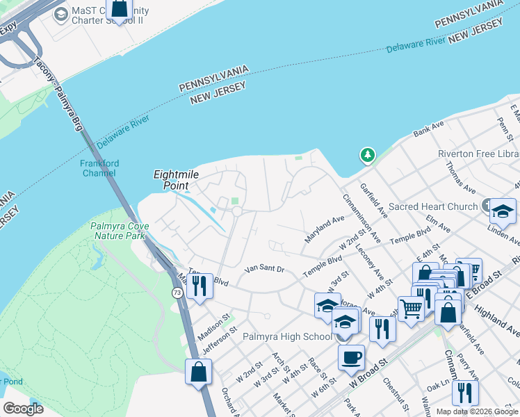 map of restaurants, bars, coffee shops, grocery stores, and more near 1113 Harbour Drive in Palmyra