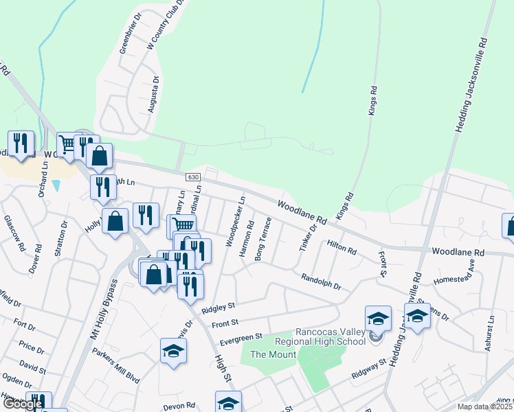 map of restaurants, bars, coffee shops, grocery stores, and more near 517 Smith Lane in Mount Holly