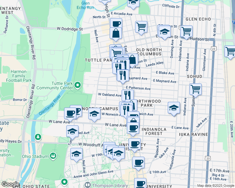 map of restaurants, bars, coffee shops, grocery stores, and more near 34 West Oakland Avenue in Columbus