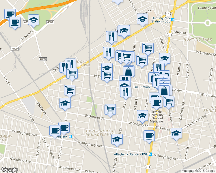 map of restaurants, bars, coffee shops, grocery stores, and more near 3619 North 19th Street in Philadelphia
