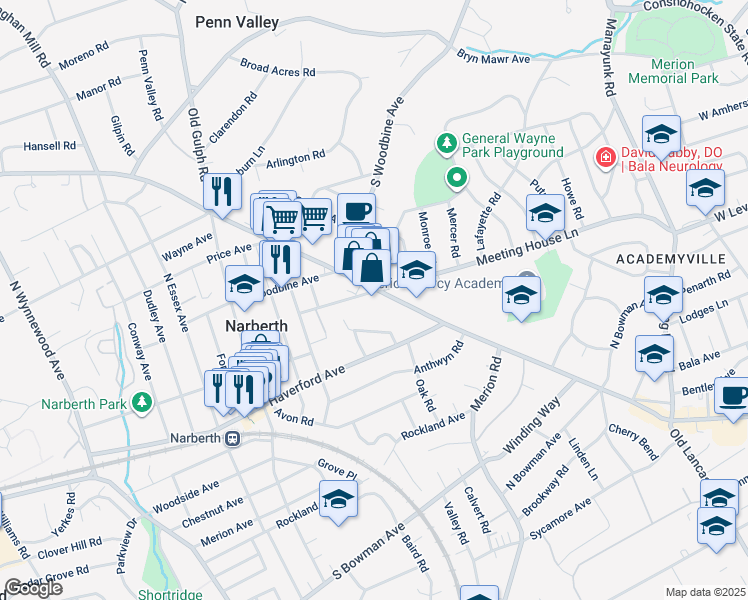 map of restaurants, bars, coffee shops, grocery stores, and more near 650 Montgomery Avenue in Narberth