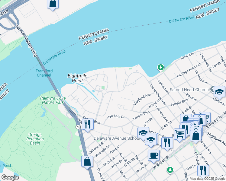 map of restaurants, bars, coffee shops, grocery stores, and more near 1101 Harbour Drive in Palmyra