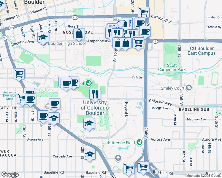 map of restaurants, bars, coffee shops, grocery stores, and more near 1290 Folsom Street in Boulder