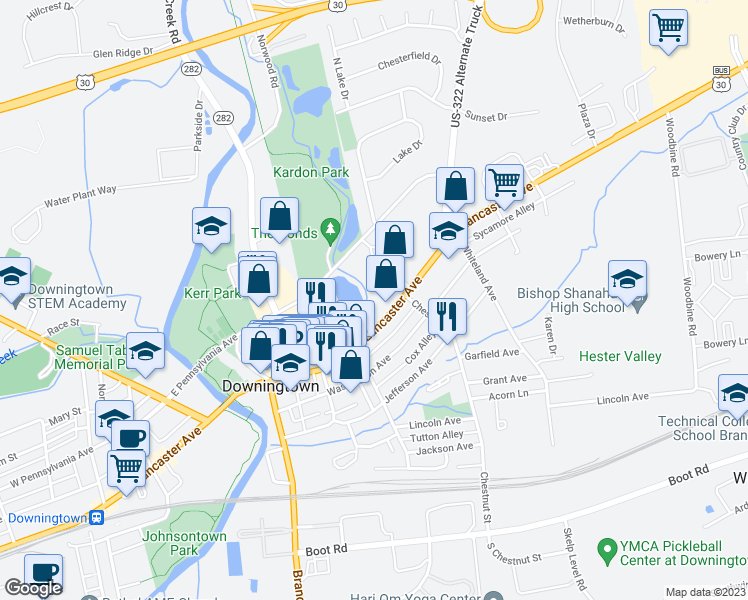 map of restaurants, bars, coffee shops, grocery stores, and more near 343 East Lancaster Avenue in Downingtown