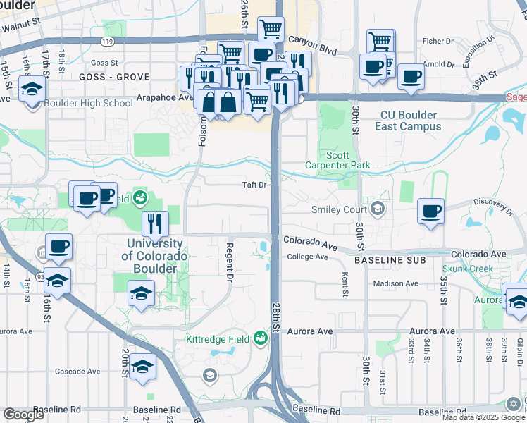map of restaurants, bars, coffee shops, grocery stores, and more near 2790 University Heights Avenue in Boulder