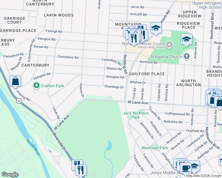 map of restaurants, bars, coffee shops, grocery stores, and more near 2289 Onandaga Drive in Columbus