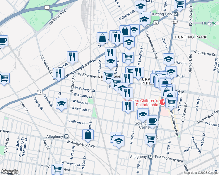 map of restaurants, bars, coffee shops, grocery stores, and more near 3619 North 19th Street in Philadelphia
