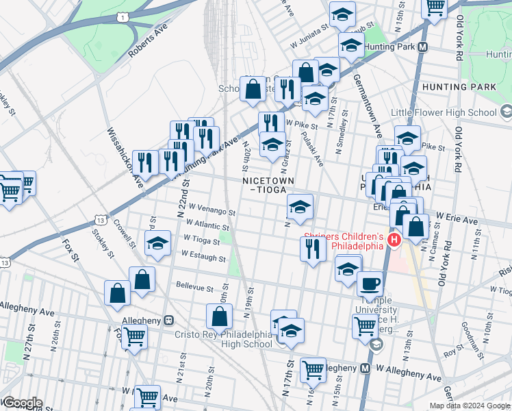 map of restaurants, bars, coffee shops, grocery stores, and more near 1914 West Pacific Street in Philadelphia