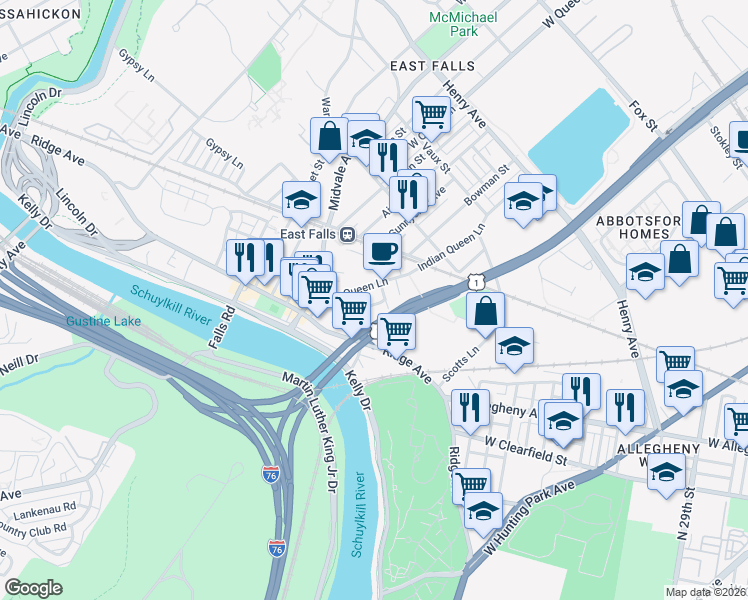 map of restaurants, bars, coffee shops, grocery stores, and more near 3601 Haywood Street in Philadelphia