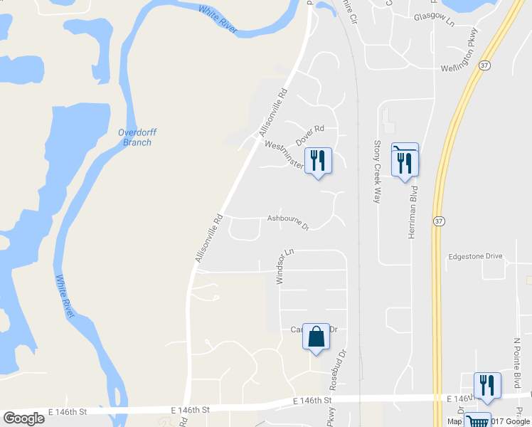 map of restaurants, bars, coffee shops, grocery stores, and more near 116 Ashbourne Drive in Noblesville