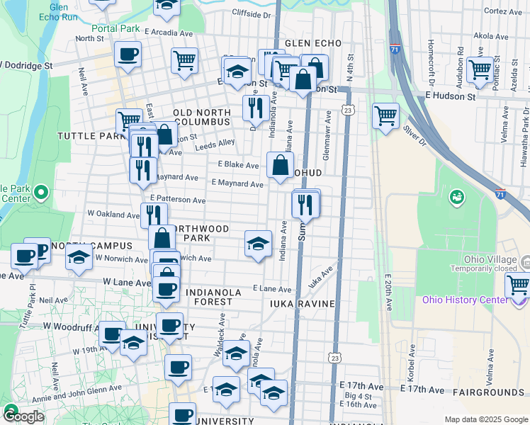 map of restaurants, bars, coffee shops, grocery stores, and more near 2270 Indianola Avenue in Columbus