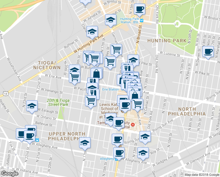 map of restaurants, bars, coffee shops, grocery stores, and more near 1530 West Erie Avenue in Philadelphia