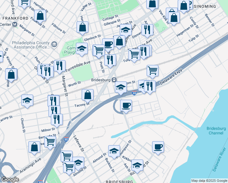 map of restaurants, bars, coffee shops, grocery stores, and more near 5118 James Street in Philadelphia