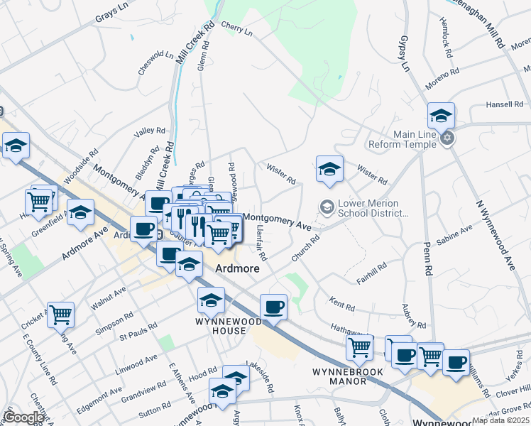 map of restaurants, bars, coffee shops, grocery stores, and more near 205 East Montgomery Avenue in Ardmore