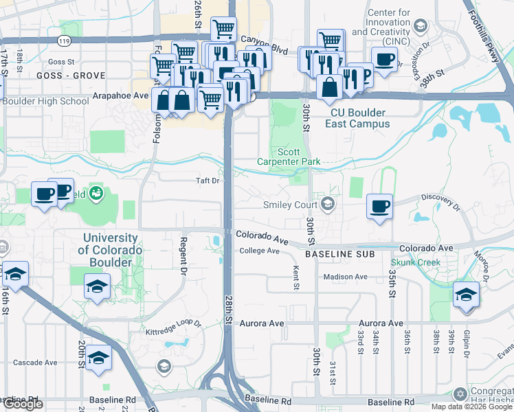 map of restaurants, bars, coffee shops, grocery stores, and more near 2871 Springdale Lane in Boulder