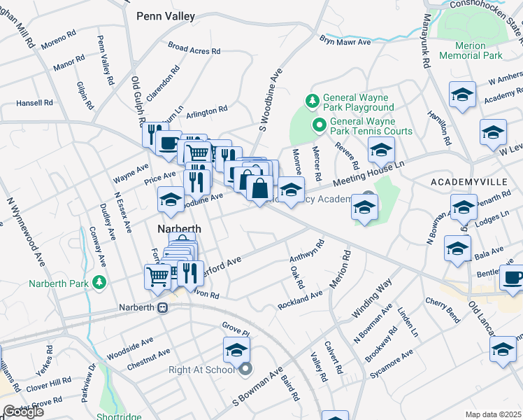 map of restaurants, bars, coffee shops, grocery stores, and more near 650 Montgomery Avenue in Narberth