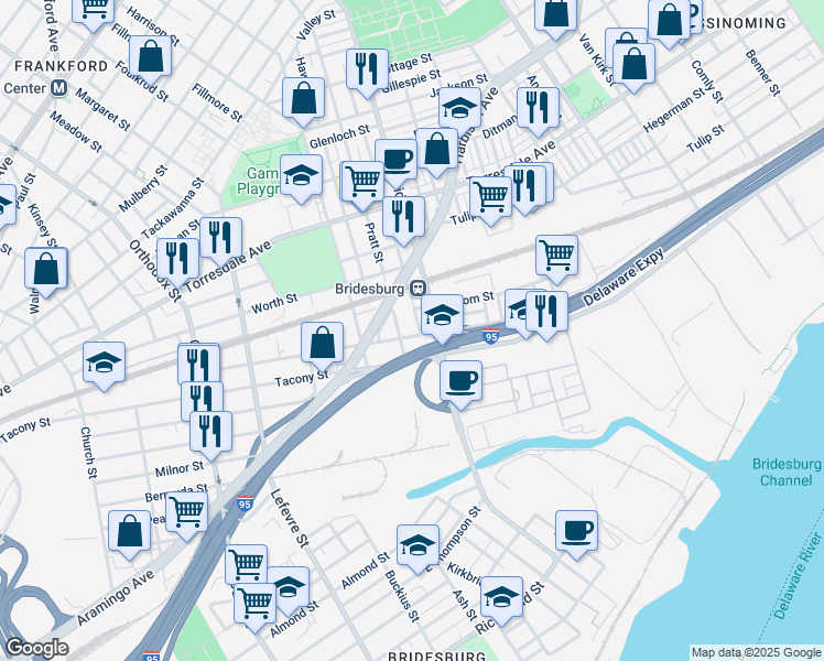 map of restaurants, bars, coffee shops, grocery stores, and more near 5112 James Street in Philadelphia