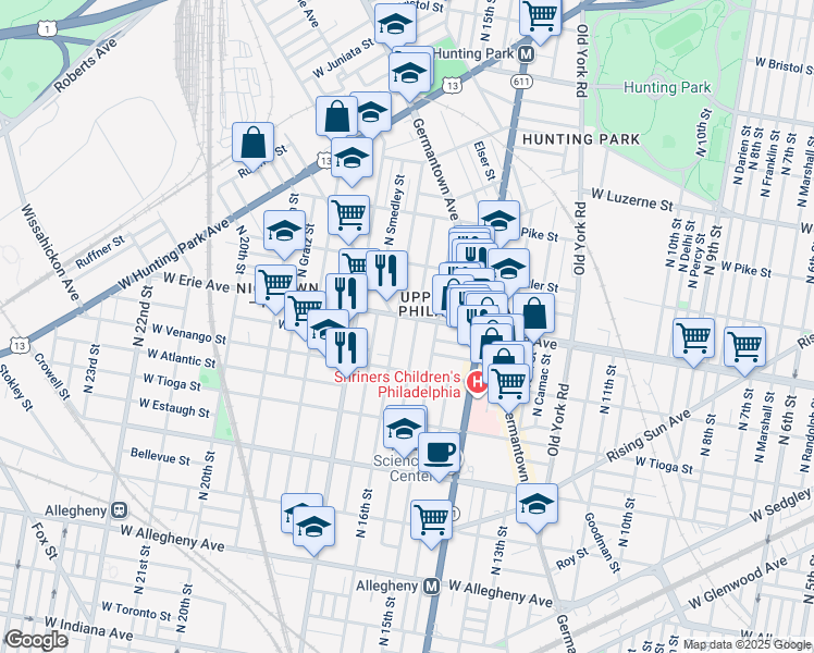 map of restaurants, bars, coffee shops, grocery stores, and more near 1530 West Erie Avenue in Philadelphia