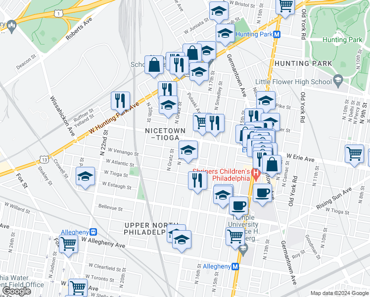 map of restaurants, bars, coffee shops, grocery stores, and more near 3633 North 18th Street in Philadelphia