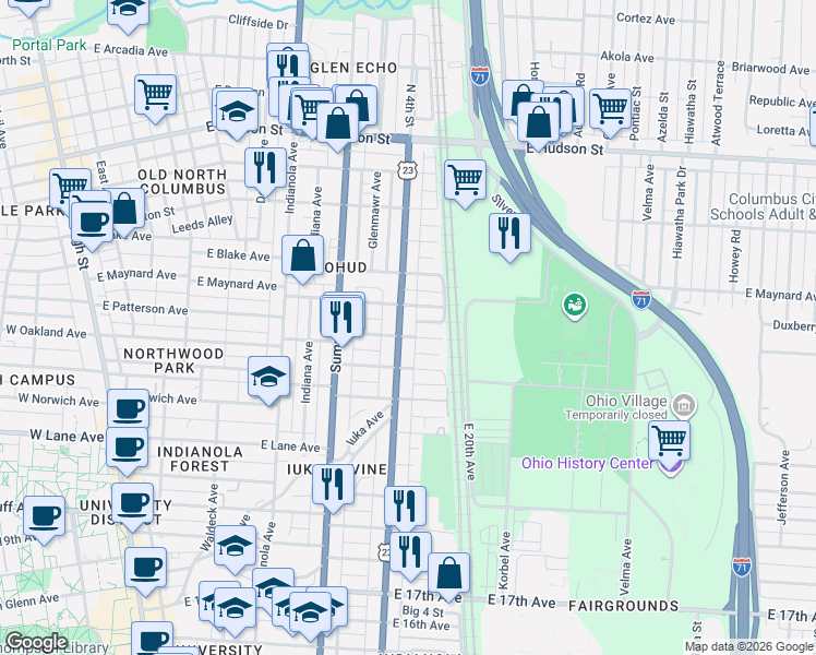 map of restaurants, bars, coffee shops, grocery stores, and more near 2250 North 4th Street in Columbus