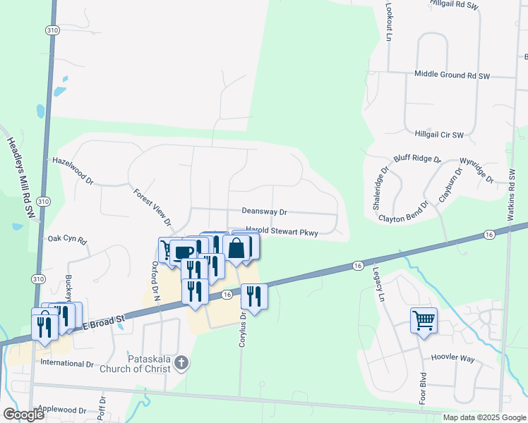 map of restaurants, bars, coffee shops, grocery stores, and more near Deansway Drive in Pataskala