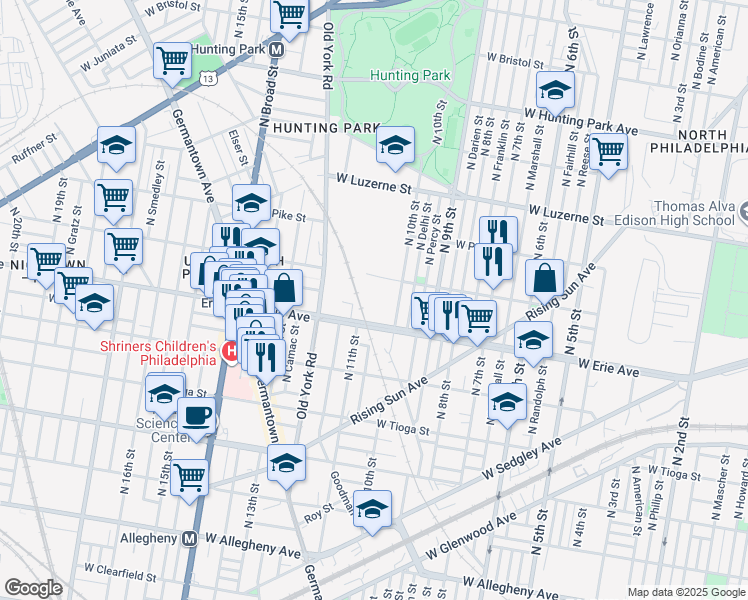 map of restaurants, bars, coffee shops, grocery stores, and more near 1023 West Erie Avenue in Philadelphia