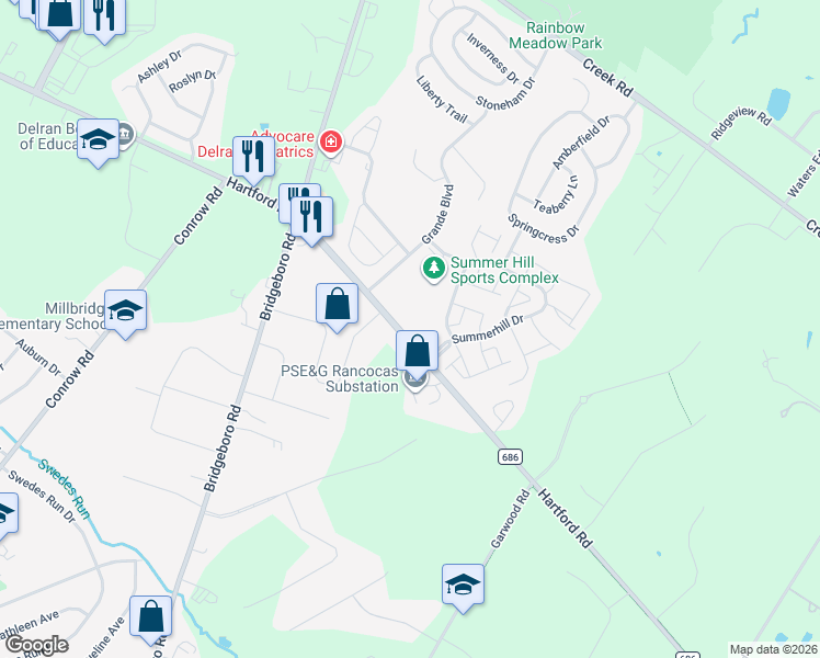 map of restaurants, bars, coffee shops, grocery stores, and more near 105 Hartford Road in Delran