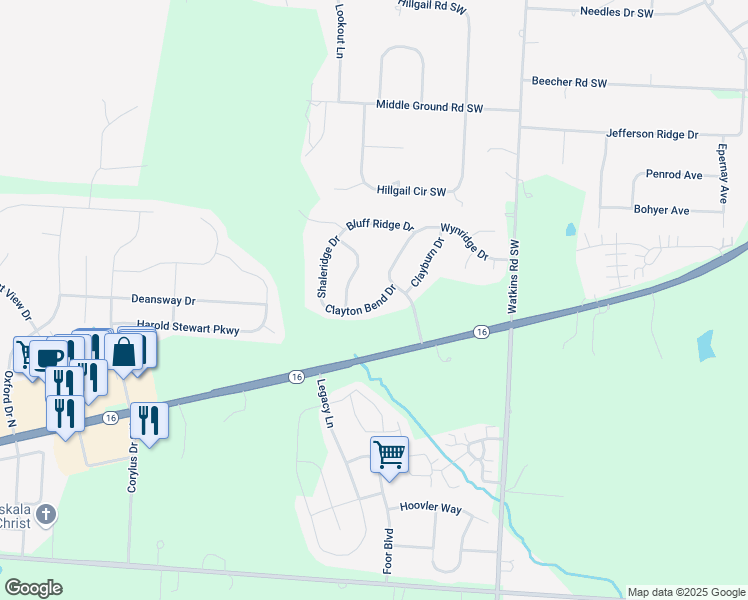 map of restaurants, bars, coffee shops, grocery stores, and more near 124 Clayton Bend Drive in Pataskala