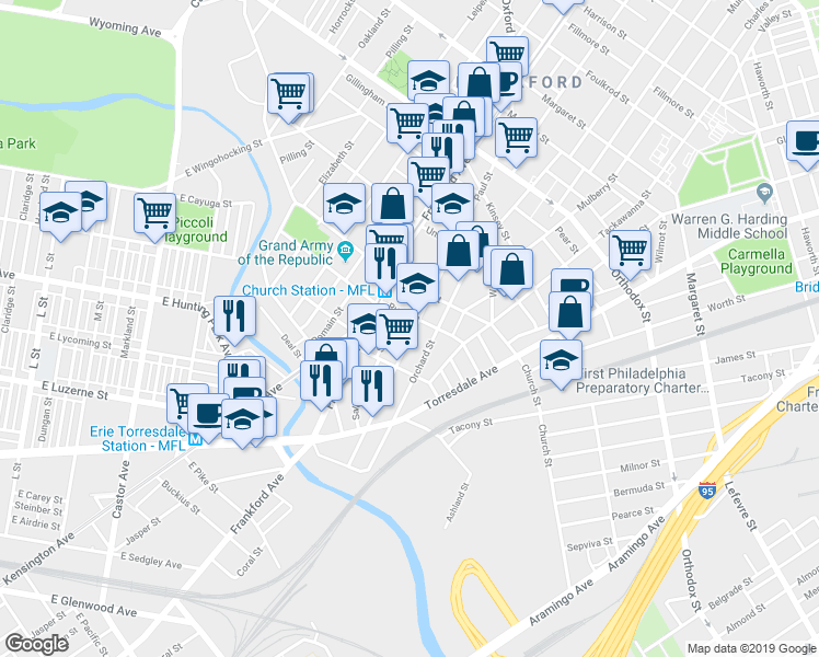map of restaurants, bars, coffee shops, grocery stores, and more near 4250 Paul Street in Philadelphia