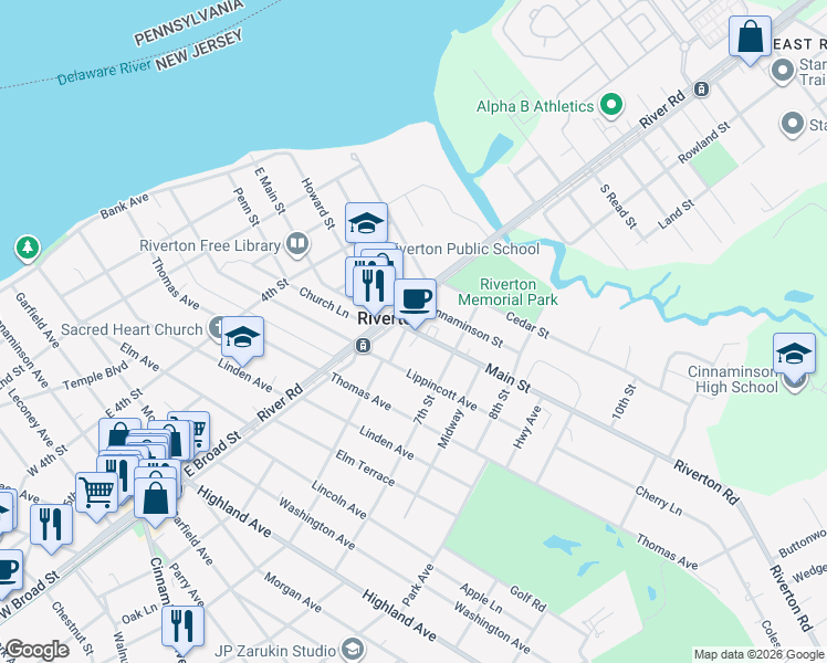 map of restaurants, bars, coffee shops, grocery stores, and more near Main Street in Riverton