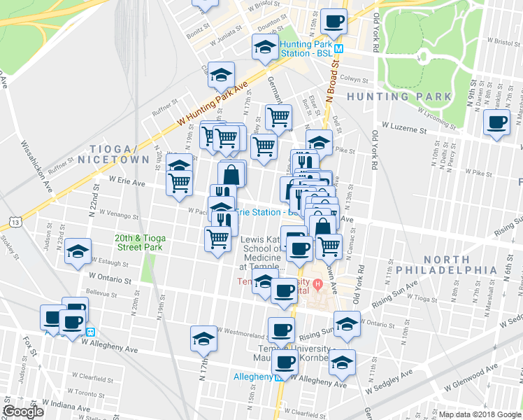 map of restaurants, bars, coffee shops, grocery stores, and more near 1534 West Erie Avenue in Philadelphia