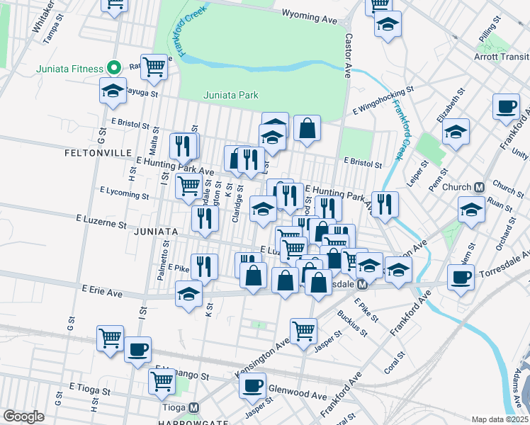map of restaurants, bars, coffee shops, grocery stores, and more near 1311 East Lycoming Street in Philadelphia