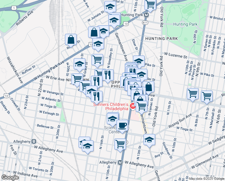 map of restaurants, bars, coffee shops, grocery stores, and more near 1534 West Erie Avenue in Philadelphia
