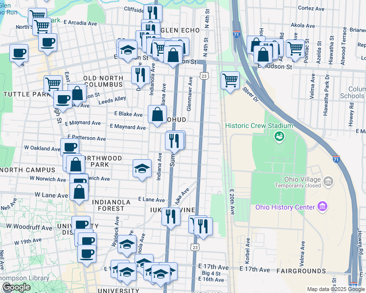 map of restaurants, bars, coffee shops, grocery stores, and more near 382 East Oakland Avenue in Columbus