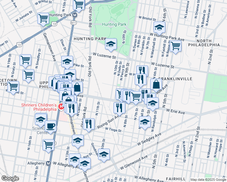 map of restaurants, bars, coffee shops, grocery stores, and more near 3739 North 10th Street in Philadelphia