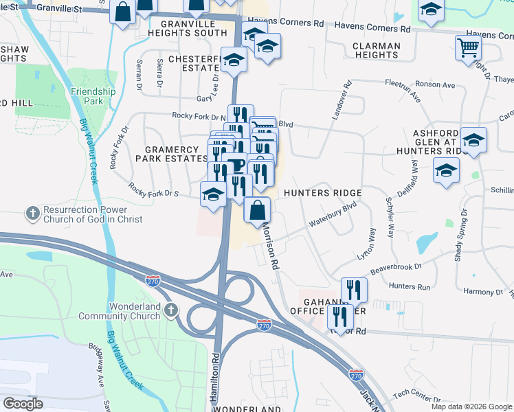 map of restaurants, bars, coffee shops, grocery stores, and more near 384 Morrison Road in Columbus