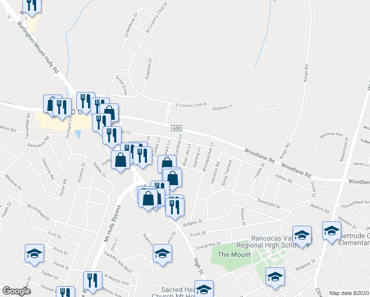 map of restaurants, bars, coffee shops, grocery stores, and more near 214 Blue Jay Lane in Mount Holly