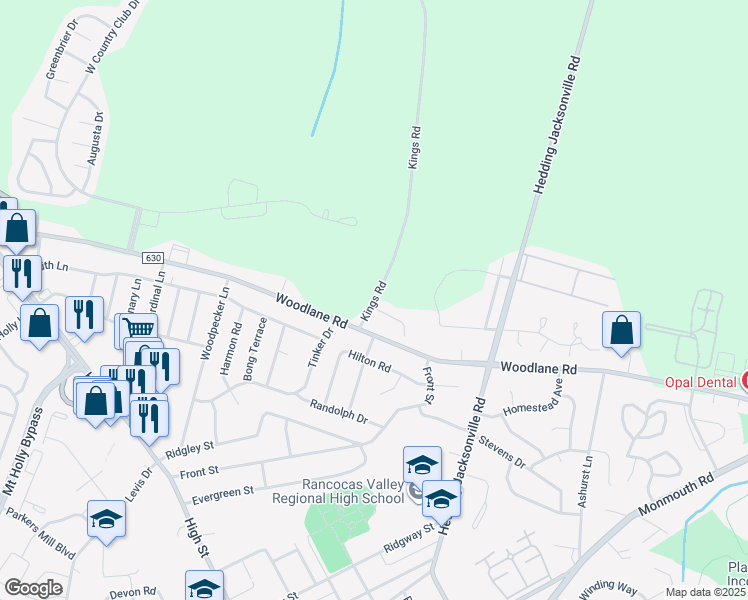 map of restaurants, bars, coffee shops, grocery stores, and more near 104 Kings Road in Westampton