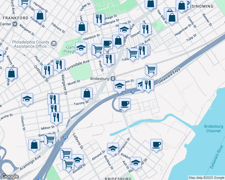 map of restaurants, bars, coffee shops, grocery stores, and more near 5118 James Street in Philadelphia