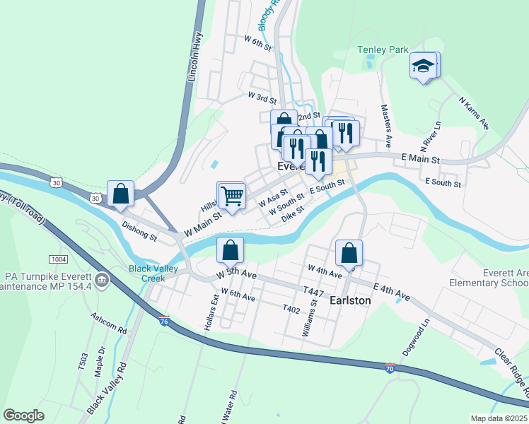 map of restaurants, bars, coffee shops, grocery stores, and more near 145 West South Street in Everett