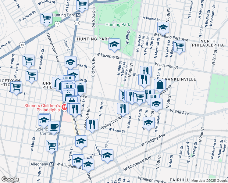 map of restaurants, bars, coffee shops, grocery stores, and more near 3738 North 10th Street in Philadelphia